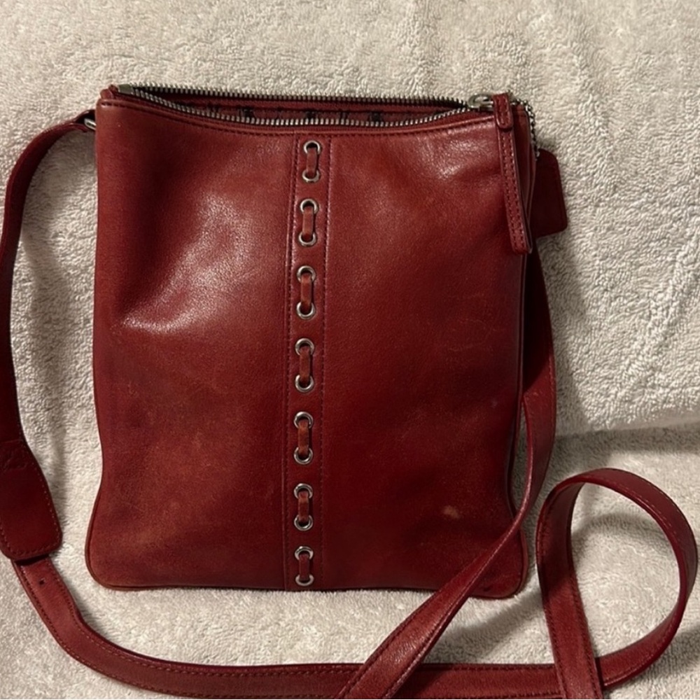 Authentic Vintage Maroon Red Coach purse crossbody leather bag silver threaded